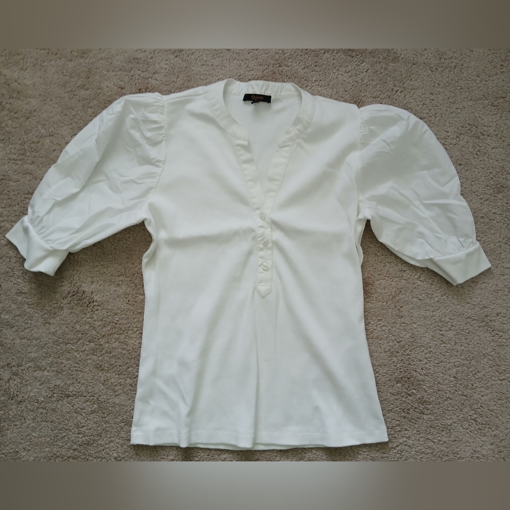Quince Cotton Mixed Media White Puff Sleeve Top size Small